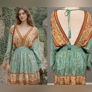 Southern Fried Chics Turquoise Floral Boho Dress Open Back Cottagecore Large
